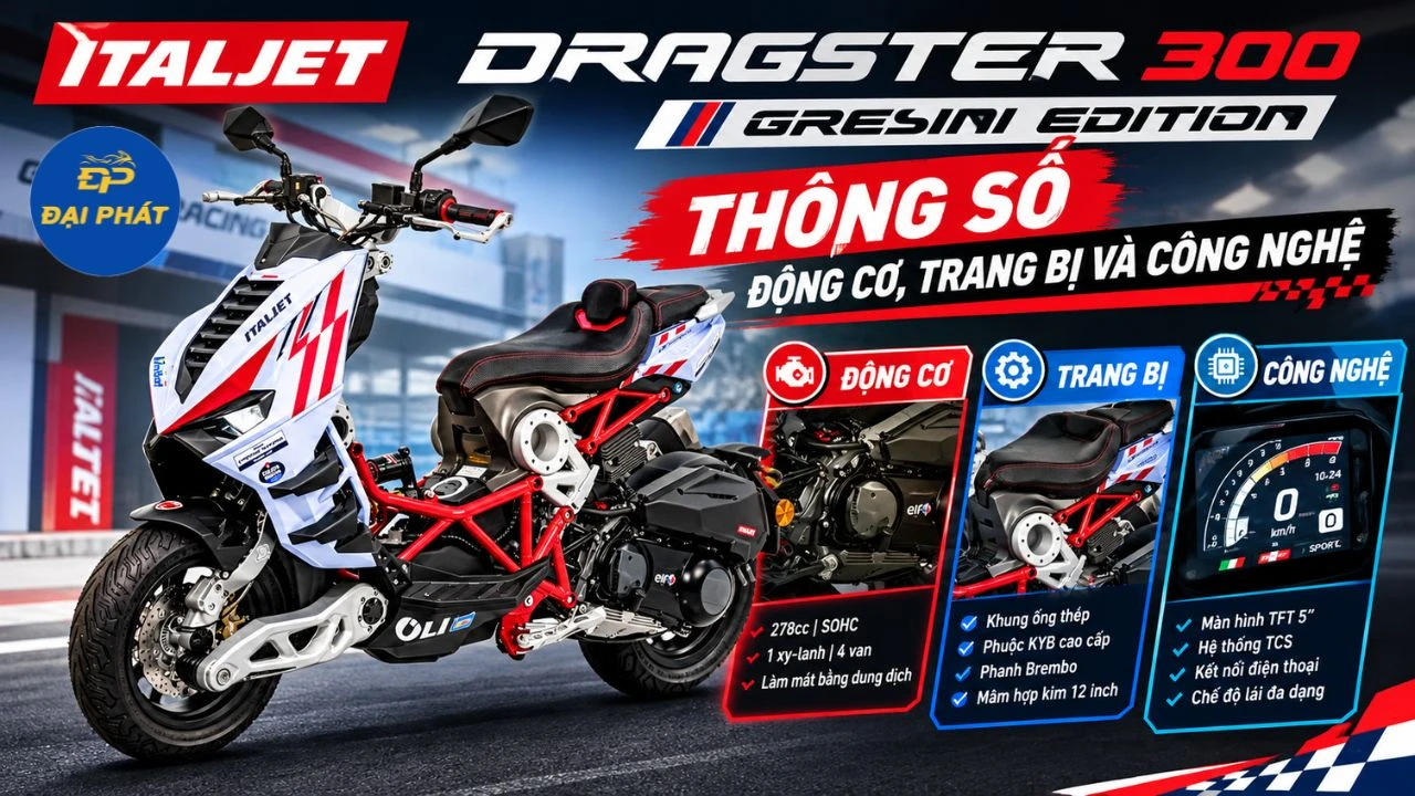 Thông số Italjet Dragster 300 Gresini Edition: Động cơ, trang bị và công nghệ